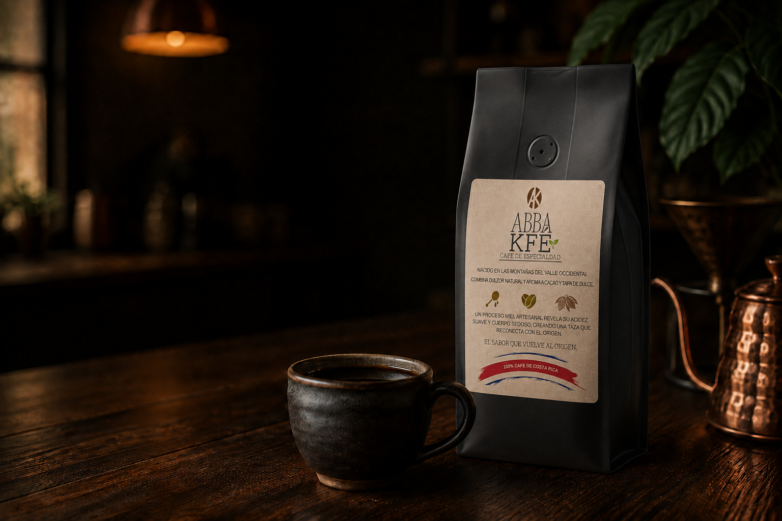 Taza y bolsa de café ABBA KFÉ en un ambiente cálido