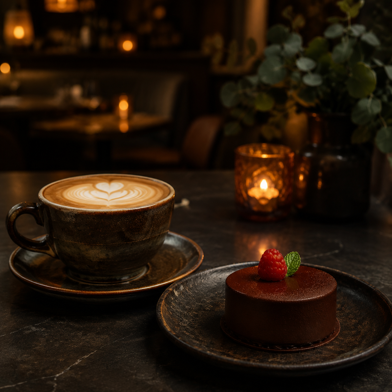Café y postre servidos en un ambiente de hospitalidad premium