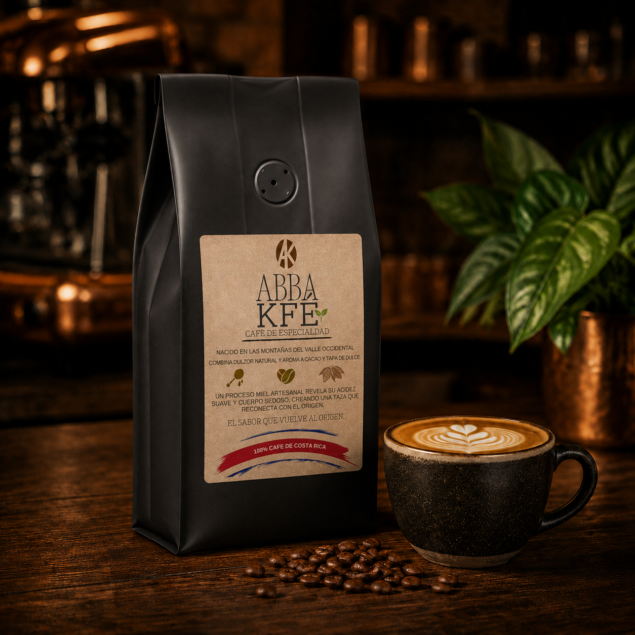 Bolsa de café ABBA KFÉ con su etiqueta frontal junto a una taza